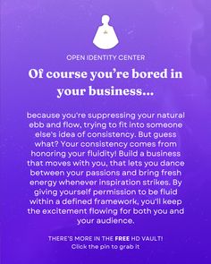 an advertisement with the words open identity center on it and a purple background that says,'open identity center off course you're bored in your business