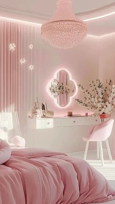 a bedroom with pink bedding and lights on the ceiling, along with a chandelier