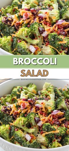 broccoli salad in a white bowl with cheese on top and red onion dressing