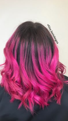 Black Hair With Pink Balayage, Black And Pink Balayage, Neon Pink Balayage, Bright Pink Balayage Brunette, Brown To Hot Pink Ombre Hair, Dark Pink Balayage Brunette, Black To Pink Balayage, Bright Pink Balayage