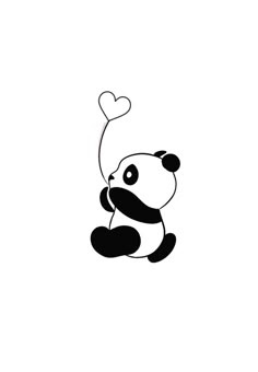 a black and white drawing of a panda holding a heart shaped balloon in its paws