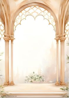 an archway with columns and flowers in front of a white backdrop for a card or poster