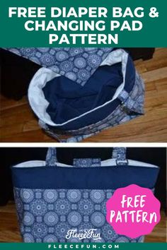 the free diaper bag and changing pad pattern is shown in two different pictures with text overlay