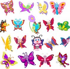 a bunch of colorful butterflies on a white background