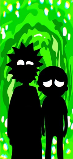 two cartoon characters standing next to each other in front of a green and black background