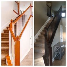 two pictures side by side, one with stairs and the other with railings