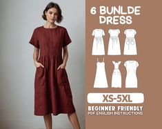 a woman standing in front of a white wall with six dresses on it and the text, 6 bundle dress xs - 5xl beginner friendly paper sewing patterns