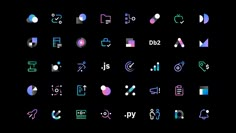 an abstract set of icons with different colors and shapes on a black background, including the letters