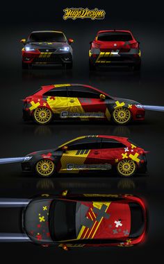 three cars with yellow and red stripes are shown in this graphic art work, which includes the