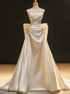 Wedding Dress Old Hollywood Glamour, Fancy Satin Dresses, Wedding Gown With Bow On Back, Wedding Dresses Hairstyles, Elegant Wedding Dress With Bow On Back, Silk Wedding Dress With Sleeves Satin, Long Satin Wedding Dress, Prom Dress Bow Back, Silk And Pearl Wedding Dress