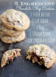 chocolate chip cookies are stacked on top of each other with the words, 5 ingredient chocolate chip cookies