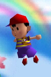 a cartoon boy is flying through the air with a rainbow in the background and clouds