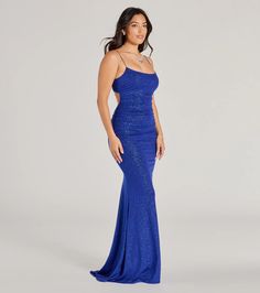 Make a dreamy entrance at your next formal affair in the stunningly glam Rowan formal glitter ruched mermaid dress! Crafted from a glitzy glitter knit fabric for an enchanting sparkle, she features a sleeveless scoop neckline, spaghetti straps, a lower back cutout to add a stylish flair, ruching at the back and down the side seams to accentuate your curves, and a floor-sweeping hem with a mermaid silhouette. Complete your look in this formal long dress with rhinestone fringe earrings.Fit & F Dress With Rhinestone Fringe, Mermaid Dresses Formal, Formal Long Dress, Rhinestone Fringe, Homecoming Outfits, Cocktail Outfit, Sticky Bra, Dresses Quinceanera, Lavender Dresses