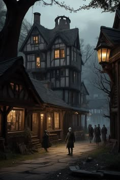 Once-Thriving Colony of Eldritch Haven: "Generate an image of the once-thriving colony known as Eldritch Haven. man standing in shadows. The village should have a rustic charm, with cobblestone paths, timbered houses, and warm lantern light spilling from windows. Show the villagers going about their daily lives, hinting at the vibrancy that once existed." Dark image Gothic Village Art, Victorian City Concept Art, Victorian Village Aesthetic, Dark Village Aesthetic, 1800s Castle, Fantasy Village Aesthetic, 1800s Village, Dark Fantasy Village, Vampire Village