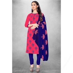 Specifically designed for a stylish lady like you is this ruby pink cotton churidar suit which will personify your grace. This round neck and 3/4th sleeve churidar suit is designed with resham threadwork. Teamed up with cotton churidar in dark blue color with dark blue nazneen dupatta. Churidar has plain work. Dupatta was designed using resham thread work. This churidar suit can be customized up to the maximum size available in inches 58. Stylish Lady, Dark Blue Color