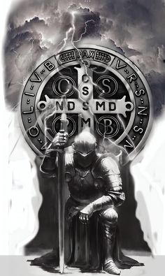 a black and white photo of a knight kneeling in front of a cross with storm clouds behind it