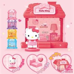 the hello kitty doll house is shown with its accessories