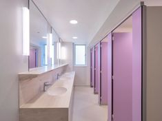 School washroom setting with lilac cubicle doors and solid surface vanity units High School Bathroom, Washroom Designs, Dream Community, Access Panels, Boarding House