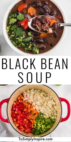 black bean soup in a white bowl with red and green vegetables