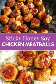 sticky honey soy chicken meatballs with white rice