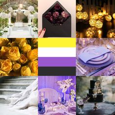 a collage of different pictures with yellow and purple colors in the center, white table cloths on the floor, black cake stand, gold candles