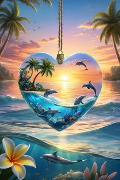 dolphins swimming in the ocean inside a heart shaped frame with palm trees and sunset behind them