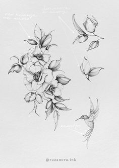 a black and white drawing of some flowers