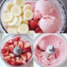 four pictures showing how to make strawberry and banana ice cream in a blender with the ingredients mixed together