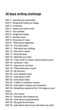 the 30 days writing challenge is shown in black and white, with words above it