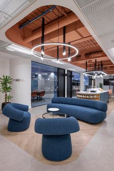 Copyright- Workplace Creations #interiordesign #office #spacesbyworkplace #collaboration #seating #plants #blue Meeting Pods, Devon House, Work Folders, Student Collaboration, Exposed Ceilings, Team Meeting, Traditional Desk, Desk Layout, Lobby Lounge