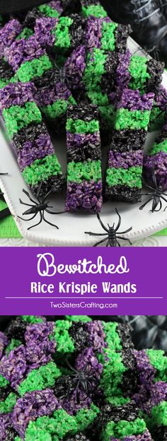 purple and green rice krispies with black spider webs on the top, in front of