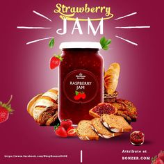 a jar of jam surrounded by bread and strawberries on a purple background with the words strawberry jam