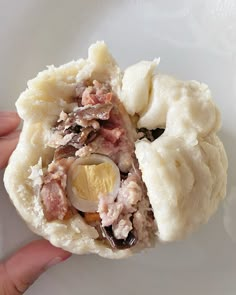 a hand holding a dumpling filled with meat and veggies on a white plate