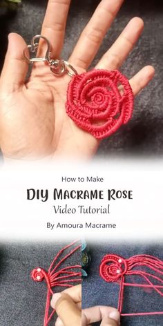 a hand holding a red piece of yarn with the words how to make diy macrame rose on it