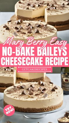 no - bake bailey's cheesecake recipe with text overlay