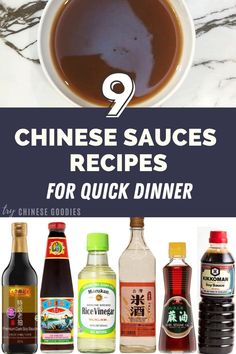 chinese sauces and condiments for quick dinner with text overlay that reads, 9 chinese sauces recipes for quick dinner