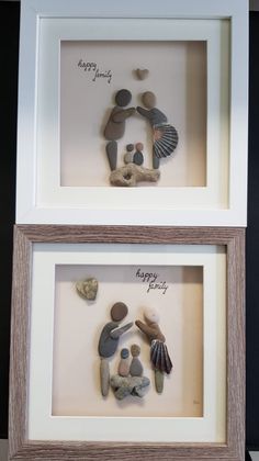 two framed pictures with rocks and shells in them that say happy family, happy home