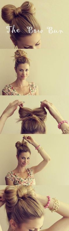 Put a Bow On it: 5 Easy Bow Hairstyles Hair Bow Bun Tutorial, Bun Tutorials, Top Bun, High Bun, Short Hairstyle, Copic