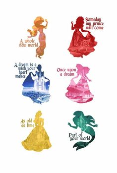 the silhouettes of princesses are shown in different colors and font on white paper