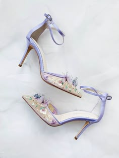 Note to our lovely International Customers: please ensure your shipping address is in alphabets to avoid delay in shipping. The Etsy system does not recognize non a-z characters in the address.  Butterfly heels with lavender silk shading and thread embroidery in intertwining floral beads create an irresistible Garden of Eve. This double ankle strap lavender heel with chiffon butterflies nestled among the explosion of lavender pastel hues will send your hearts aflutter. This 3.5-inch heel is perf Garden Party Shoes, Garden Of Eve, Lavender Heels, Hak Tinggi, Butterfly Heels, Lavender Butterfly, Shoes Bride, Lavender Silk, Dr Shoes