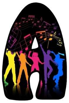 colorful silhouettes of people dancing with musical notes in the background and music notes above them