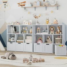 a child's room with toys and bookshelves