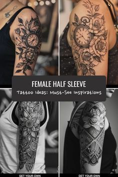 Quarter Sleeve Floral Tattoo, Womens Upper Half Sleeve Tattoo, Female Floral Sleeve Tattoo, Line Sleeve Tattoos For Women, Flower Shoulder Sleeve Tattoo, Classy Half Sleeve Tattoos For Women, Feminine Quarter Sleeve Tattoos, Floral And Mandala Tattoo Sleeve, Female Quarter Sleeve Tattoo