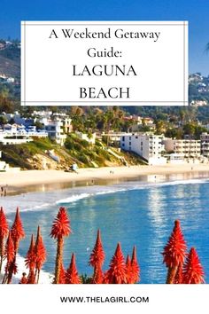 the beach with red flowers in front of it and text overlay that reads a weekend getaway guide laguna beach