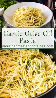 garlic olive oil pasta in a pan with broccoli and parsley on the side