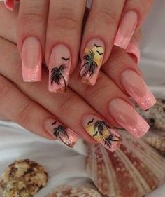 Beach nails, Bright French, Fashion summer nails 2015, French with sparkles, Long nails, Palm trees nails, Peach nails, Sea nails Summer Nails 2015, Nail Art Summer Beach, Palm Tree Nail Art, Tree Nail Art, Palm Tree Nails, Beach Nail Designs, Gel French Manicure, Tree Nails