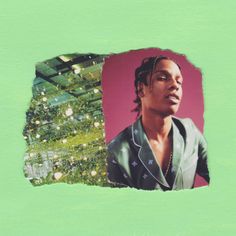 a man with dreadlocks standing in front of a green and pink background, surrounded by trees