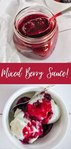 mixed berry sauce in a glass jar with spoon