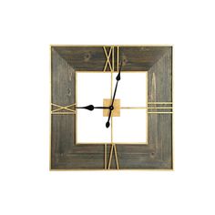 a square wooden clock with black hands on a white background