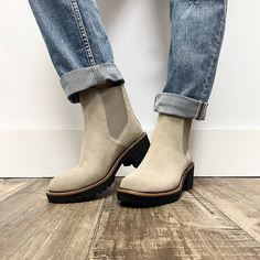 Synthetic/Leather/Suede Slide on Bootie Zipper closure in back Fits true to size *All sale items are final sale. Click to see our full return policy here. Suede Slides, Shoe Boutique, Store Hours, Slide On, Synthetic Leather, Gift Item, Bootie, Leather Handbags, Chelsea Boots